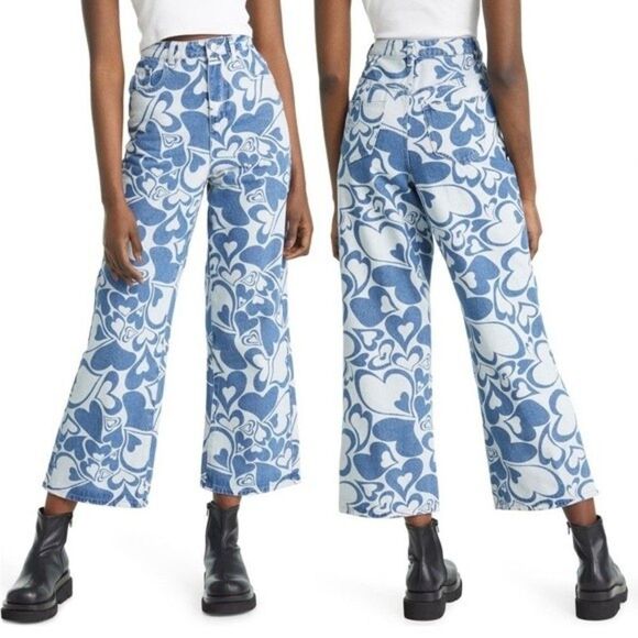 NWT Boho Y2K Blue Heart Prints High Waisted Wide Leg Denim Jeans, SZ 2, 4 - Picture 1 of 11